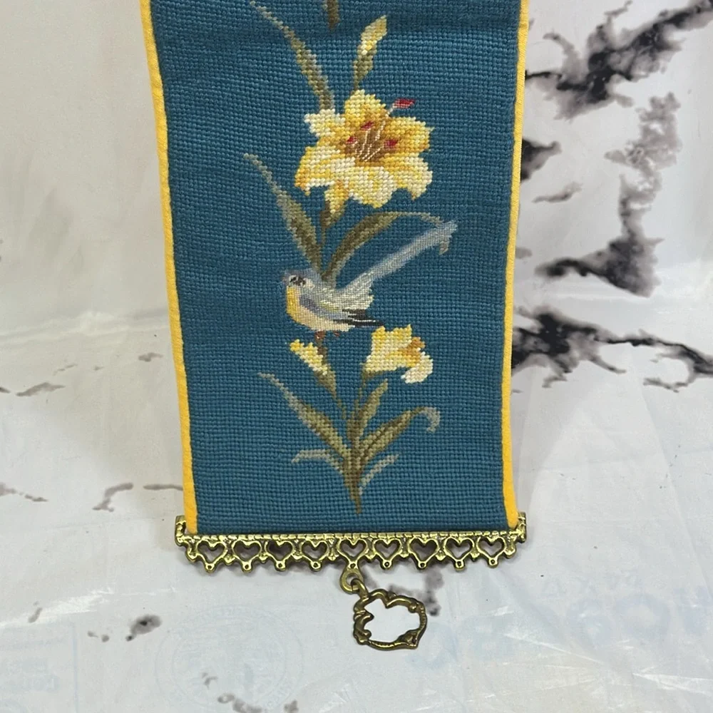 Vintage Petit Point Bell Pull Needle Point Velvet Backed Birds & Flowers Design